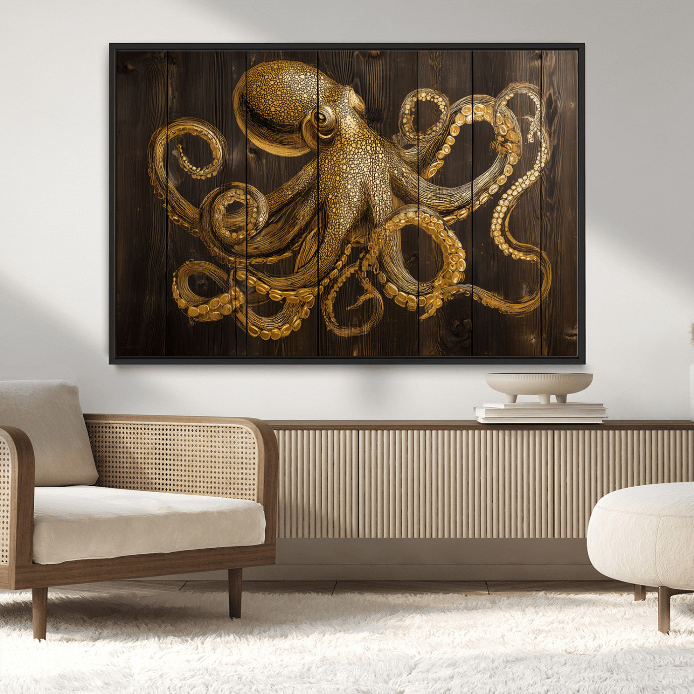 56769669-MGV-CV-36X24-Octopus Wall Art – Gold Nautical Canvas Print with Rustic Wood Panel Design, Detailed Marine Artwork for Coastal Ocean Decoration