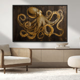 56769669-MGV-CV-36X24-Octopus Wall Art – Gold Nautical Canvas Print with Rustic Wood Panel Design, Detailed Marine Artwork for Coastal Ocean Decoration