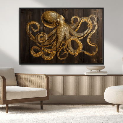 56769669-MGV-CV-36X24-Octopus Wall Art – Gold Nautical Canvas Print with Rustic Wood Panel Design, Detailed Marine Artwork for Coastal Ocean Decoration