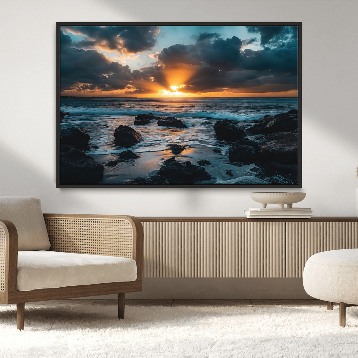66040852-MGV-CV-36X24-Ocean Sunset Canvas Wall Art – Rocky Shore Waves, Dramatic Clouds, Golden Sun Rays, Coastal Nature, Serene Water Reflection for
