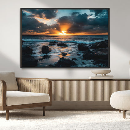 66040852-MGV-CV-36X24-Ocean Sunset Canvas Wall Art – Rocky Shore Waves, Dramatic Clouds, Golden Sun Rays, Coastal Nature, Serene Water Reflection for