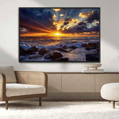 35900590-MGV-CV-36X24-Sunset Ocean Waves Canvas Wall Art – Rocky Shore, Dramatic Sky, Golden Sun Rays, Coastal Beauty, Serene Water Motion for Living