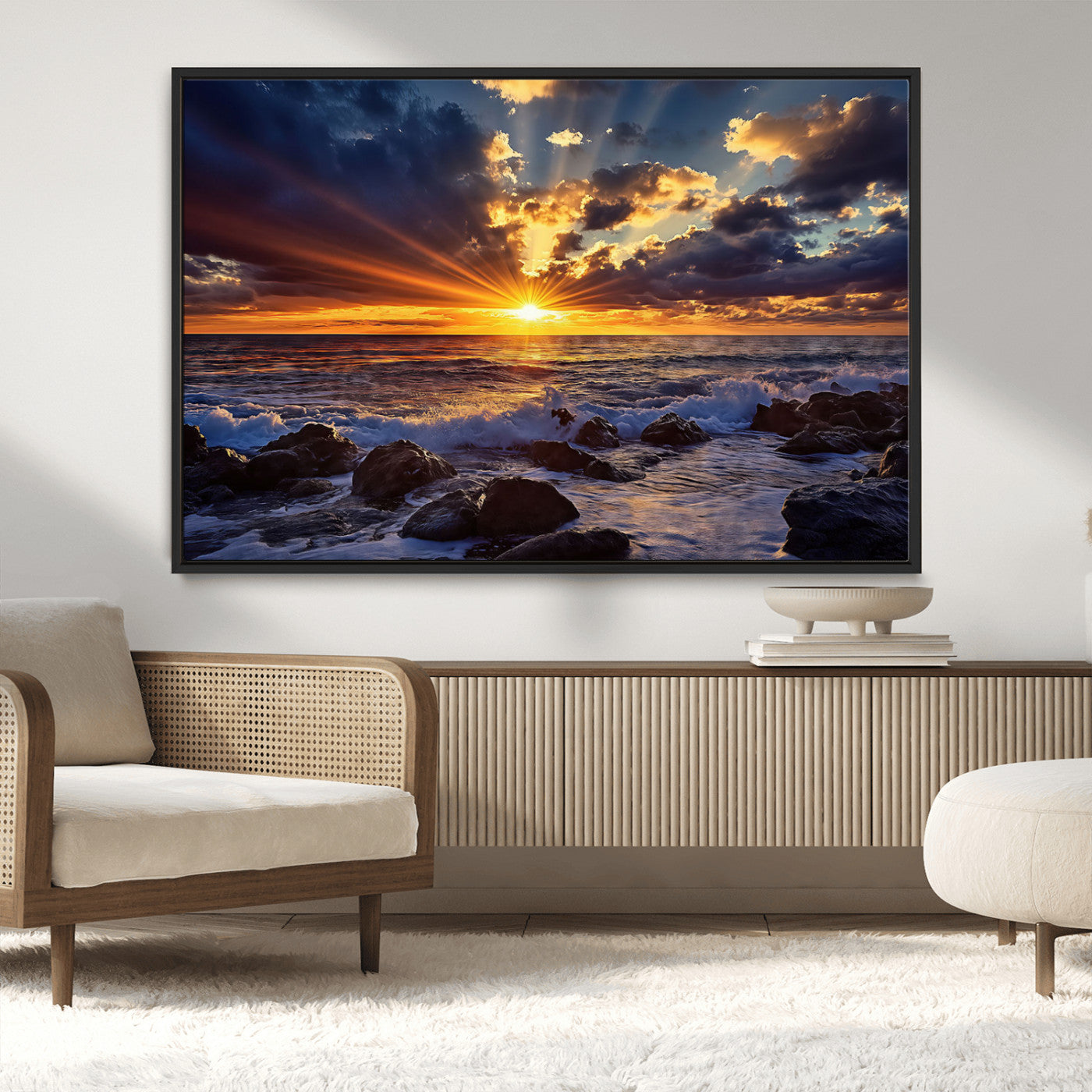 35900590-MGV-CV-36X24-Ocean Sunset Wall Art – Vivid Seascape Canvas Print with Sunburst Sky, Crashing Waves and Rocky Shore, Dramatic Coastal