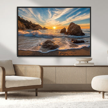 85659923-MGV-CV-36X24-Ocean Sunset Wall Art – Dramatic Seascape Canvas Print with Cliffs, Crashing Waves and Golden Sky, Bold Coastal Photography for