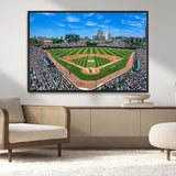 56213978-MGV-CV-36X24-Wrigley Field Baseball Stadium Canvas Wall Art – Packed Crowd Sports Stadium Print, City Skyline Baseball Field Canvas for Game