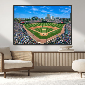 56213978-MGV-CV-36X24-Wrigley Field Baseball Stadium Canvas Wall Art – Packed Crowd Sports Stadium Print, City Skyline Baseball Field Canvas for Game