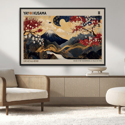 66892669-MGV-CV-36X24-Yayoi Kusama Japanese Inspired Canvas Print – Mt. Fuji & Floral Scene Wall Art, Framed Asian Style Canvas for Home, Office or