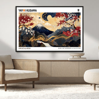 28945903-MGV-CV-36X24-Yayoi Kusama Inspired Japanese Art Canvas Print – Framed Floral & Mt. Fuji Wall Decor, Modern Asian Style Canvas for Home, Office,