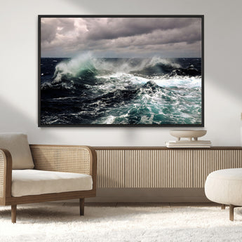 38622353-MGV-CV-36X24-Ocean Wave Wall Art – Dramatic Seascape Canvas Print with Stormy Sky and Crashing Sea, Bold Coastal Photography for Living Room,