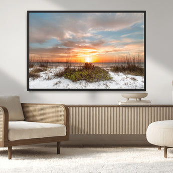 58266230-MGV-CV-36X24-Beach Sunset Wall Art – Coastal Canvas Print with Sandy Dunes, Sea Grass and Golden Sky, Serene Ocean Landscape Photography for