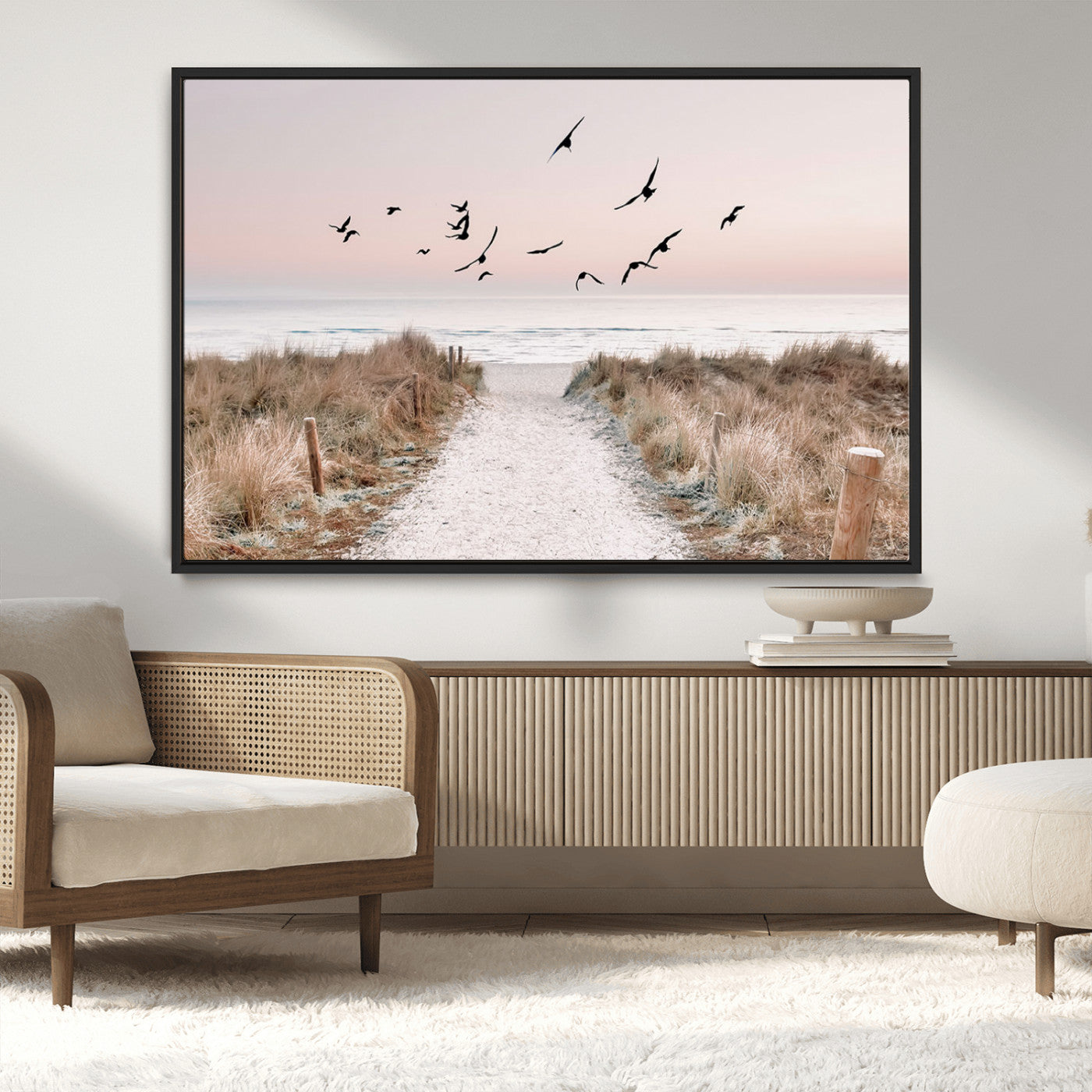 34632598-MGV-CV-36X24-Coastal Pathway Canvas Wall Art – Framed Seaside Landscape, Large Beach and Birds Canvas Print for Home, Office, or Living Room