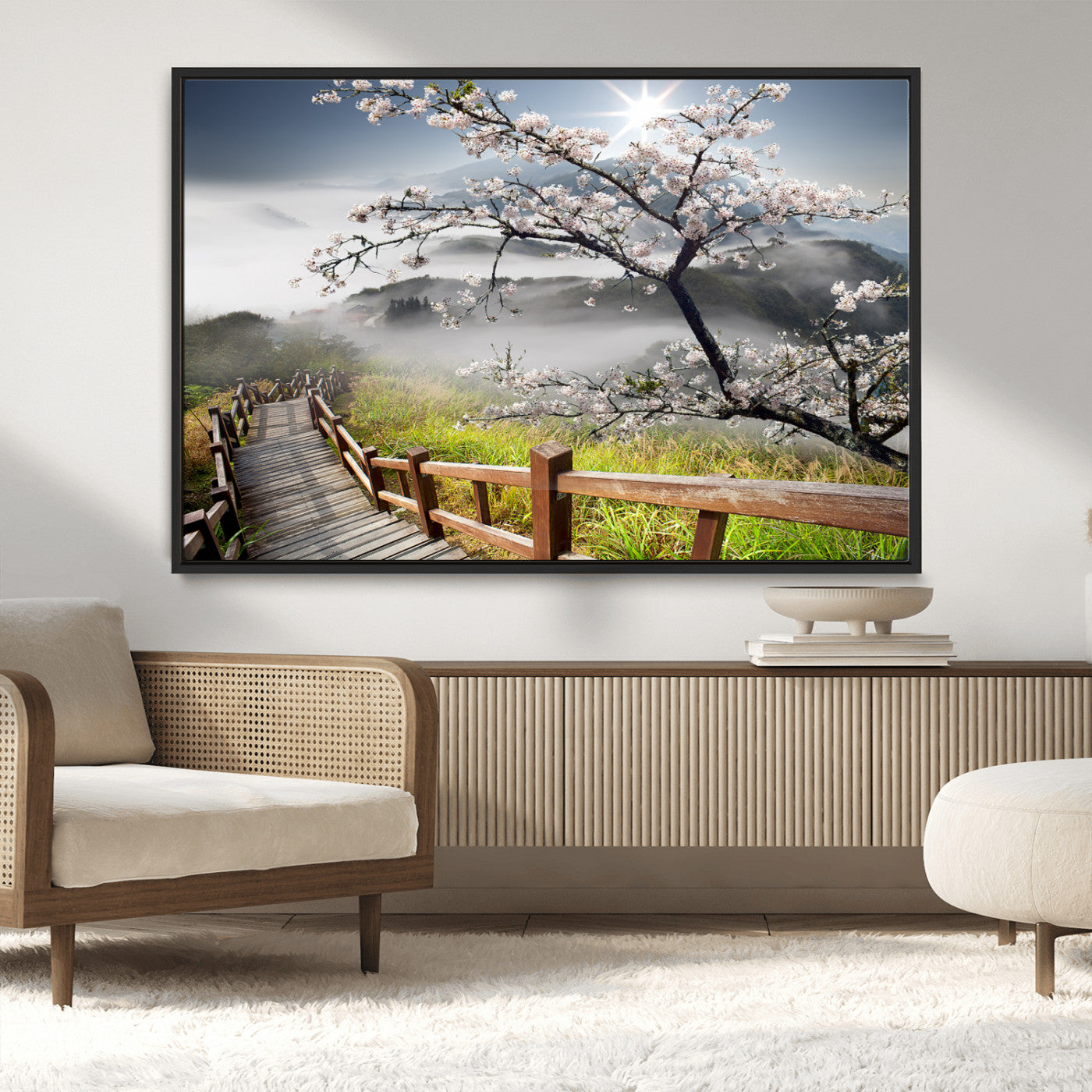 34632598CRY-MGV-CV-36X24-Cherry Blossom Wall Art – Scenic Asian Landscape Canvas Print with Wooden Walkway, Misty Mountains and Sunrise, Serene Nature