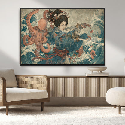 52037775-MGV-CV-36X24-Tsukioka Yoshitoshi Samurai Wall Art Print, Japanese Katana Warrior Canvas Wall Art, Octopus Sea Monster Canvas Print,