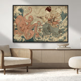 54879547-MGV-CV-36X24-Tsukioka Yoshitoshi Samurai Wall Art Print, Japanese Katana Warrior Canvas Wall Art, Octopus Sea Monster Canvas Print,