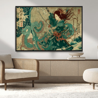 86918027-MGV-CV-36X24-Tsukioka Yoshitoshi Samurai Wall Art Print, Japanese Katana Warrior Canvas Wall Art, Octopus Sea Monster Canvas Print,