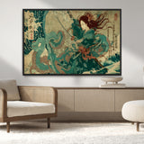 86918027-MGV-CV-36X24-Samurai Warrior vs Octopus Wall Art – Japanese Ukiyo-e Ocean Battle Canvas Print, Traditional Samurai Artwork for Living Room,