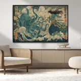 60346622-MGV-CV-36X24-Samurai Warrior vs Octopus Wall Art – Japanese Ukiyo-e Style Ocean Battle Canvas Print, Traditional Samurai Artwork for Living