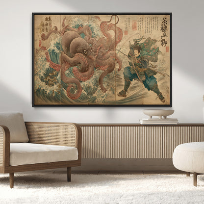 63782167-MGV-CV-36X24-Tsukioka Yoshitoshi Samurai Wall Art Print, Japanese Katana Warrior Canvas Wall Art, Octopus Sea Monster Canvas Print,