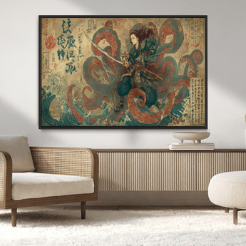 98593115-MGV-CV-36X24-Tsukioka Yoshitoshi Samurai Wall Art Print, Japanese Katana Warrior Canvas Wall Art, Octopus Sea Monster Canvas Print,