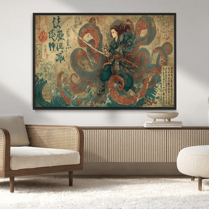 98593115-MGV-CV-36X24-Tsukioka Yoshitoshi Samurai Wall Art Print, Japanese Katana Warrior Canvas Wall Art, Octopus Sea Monster Canvas Print,