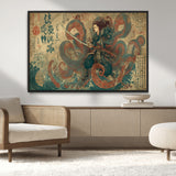 98593115-MGV-CV-36X24-Samurai Warrior vs Octopus Wall Art – Japanese Ukiyo-e Calligraphy Canvas Print, Ocean Battle Scene Artwork for Living Room,