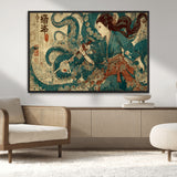 18575670-MGV-CV-36X24-Tsukioka Yoshitoshi Samurai Wall Art Print, Japanese Katana Warrior Canvas Wall Art, Octopus Sea Monster Canvas Print,