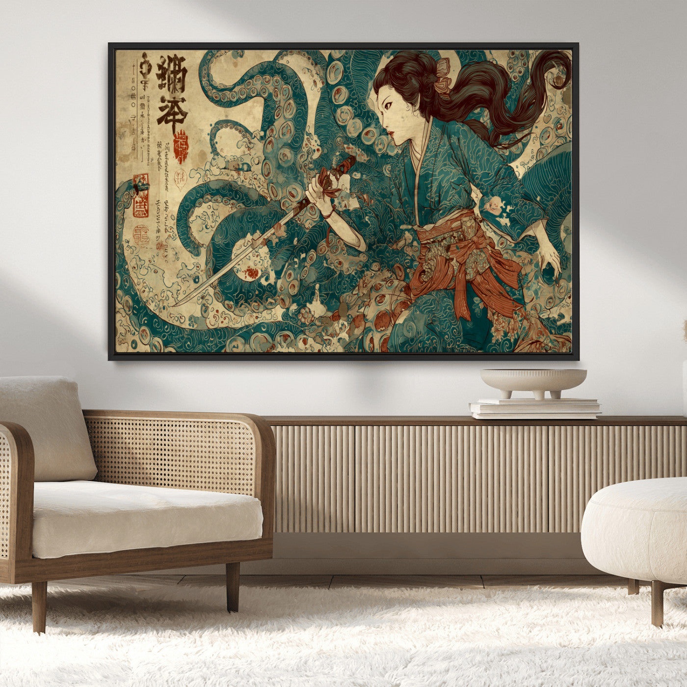 18575670-MGV-CV-36X24-Samurai Woman vs Octopus Wall Art – Japanese Ukiyo-e Ocean Battle Canvas Print, Traditional Warrior Artwork for Living Room,