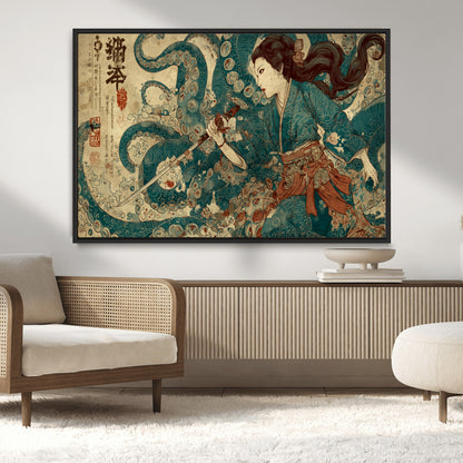 18575670-MGV-CV-36X24-Samurai Woman vs Octopus Wall Art – Japanese Ukiyo-e Ocean Battle Canvas Print, Traditional Warrior Artwork for Living Room,