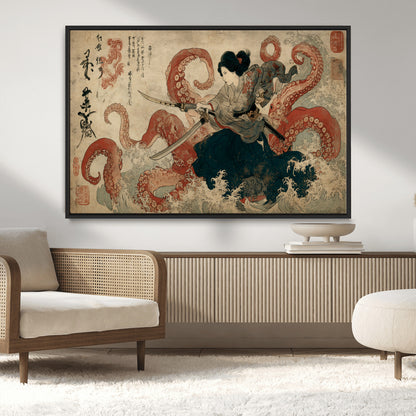 50812504-MGV-CV-36X24-Tsukioka Yoshitoshi Samurai Wall Art Print, Japanese Katana Warrior Canvas Wall Art, Octopus Sea Monster Canvas Print,