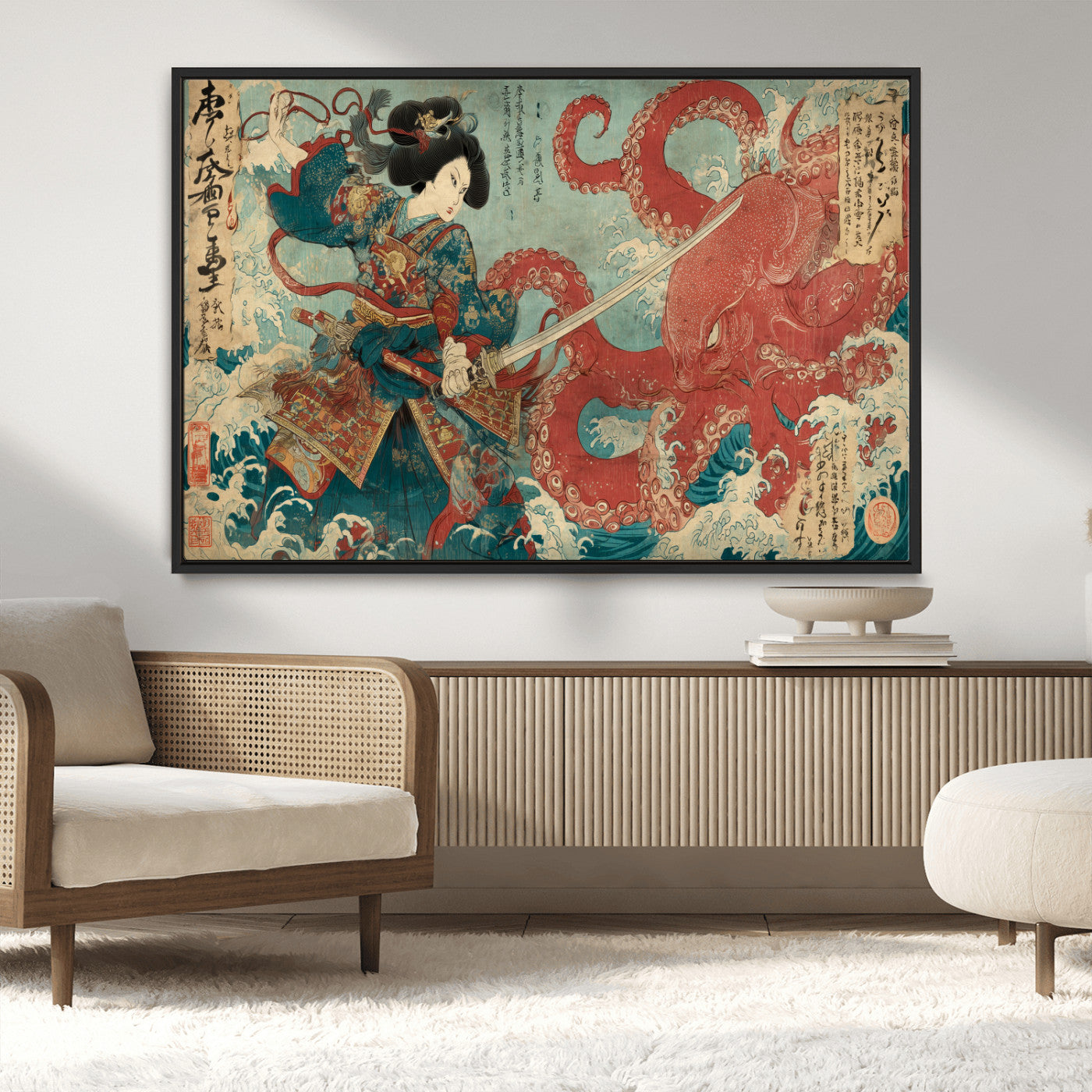 68844327-MGV-CV-36X24-Tsukioka Yoshitoshi Samurai Wall Art Print, Japanese Katana Warrior Canvas Wall Art, Octopus Sea Monster Canvas Print,