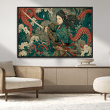 35461724-MGV-CV-36X24-Samurai Woman vs Octopus Wall Art – Japanese Ukiyo-e Ocean Waves Canvas Print, Red Tentacle Battle Artwork for Living Room,