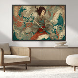 63377977-MGV-CV-36X24-Tsukioka Yoshitoshi Samurai Wall Art Print, Japanese Katana Warrior Canvas Wall Art, Octopus Sea Monster Canvas Print,