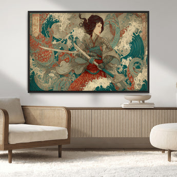 63377977-MGV-CV-36X24-Tsukioka Yoshitoshi Samurai Wall Art Print, Japanese Katana Warrior Canvas Wall Art, Octopus Sea Monster Canvas Print,