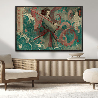 91666601-MGV-CV-36X24-Samurai Woman vs Octopus Wall Art – Japanese Ukiyo-e Green Robe Canvas Print, Ocean Battle Artwork for Living Room, Office, Man