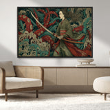 18902796-MGV-CV-36X24-Samurai Woman vs Octopus Wall Art – Japanese Ukiyo-e Green Kimono Canvas Print, Ocean Battle Scene Artwork for Living Room,