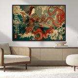 60201267-MGV-CV-36X24-Samurai Woman vs Octopus Wall Art – Japanese Ukiyo-e Armor Canvas Print, Red Tentacle Ocean Battle Artwork for Living Room,
