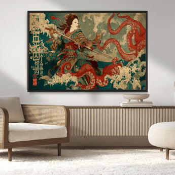 60201267-MGV-CV-36X24-Samurai Woman vs Octopus Wall Art – Japanese Ukiyo-e Armor Canvas Print, Red Tentacle Ocean Battle Artwork for Living Room,
