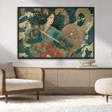 79740258-MGV-CV-36X24-Tsukioka Yoshitoshi Samurai Wall Art Print, Japanese Katana Warrior Canvas Wall Art, Octopus Sea Monster Canvas Print,