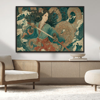 79740258-MGV-CV-36X24-Tsukioka Yoshitoshi Samurai Wall Art Print, Japanese Katana Warrior Canvas Wall Art, Octopus Sea Monster Canvas Print,
