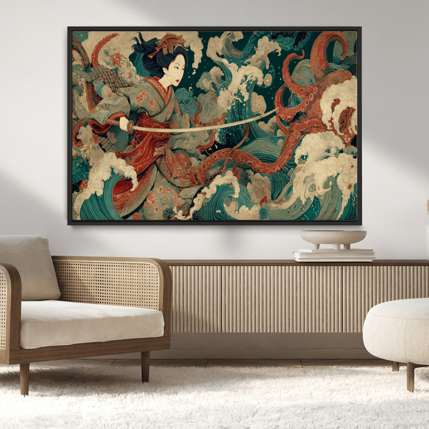30212982-MGV-CV-36X24-Samurai Woman vs Octopus Wall Art – Japanese Ukiyo-e Style Warrior and Sea Monster Canvas Print, Mythology Inspired Artwork for