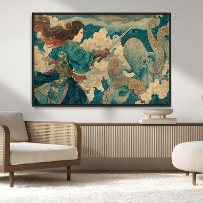 99764195-MGV-CV-36X24-Samurai vs Octopus Wall Art – Japanese Ukiyo-e Style Warrior and Sea Monster Canvas Print, Mythology Inspired Artwork for Living
