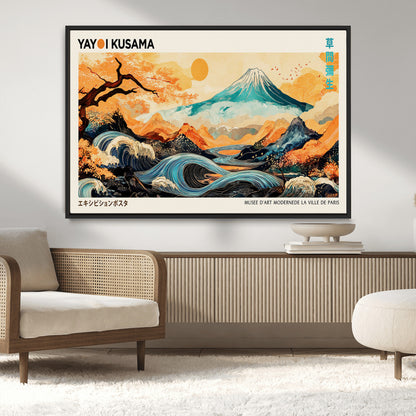 94085549-MGV-CV-36X24-Yayoi Kusama Inspired Japanese Landscape Art Print – Vibrant Mount Fuji, Waves & Autumn Trees, Modern Decorative Poster for