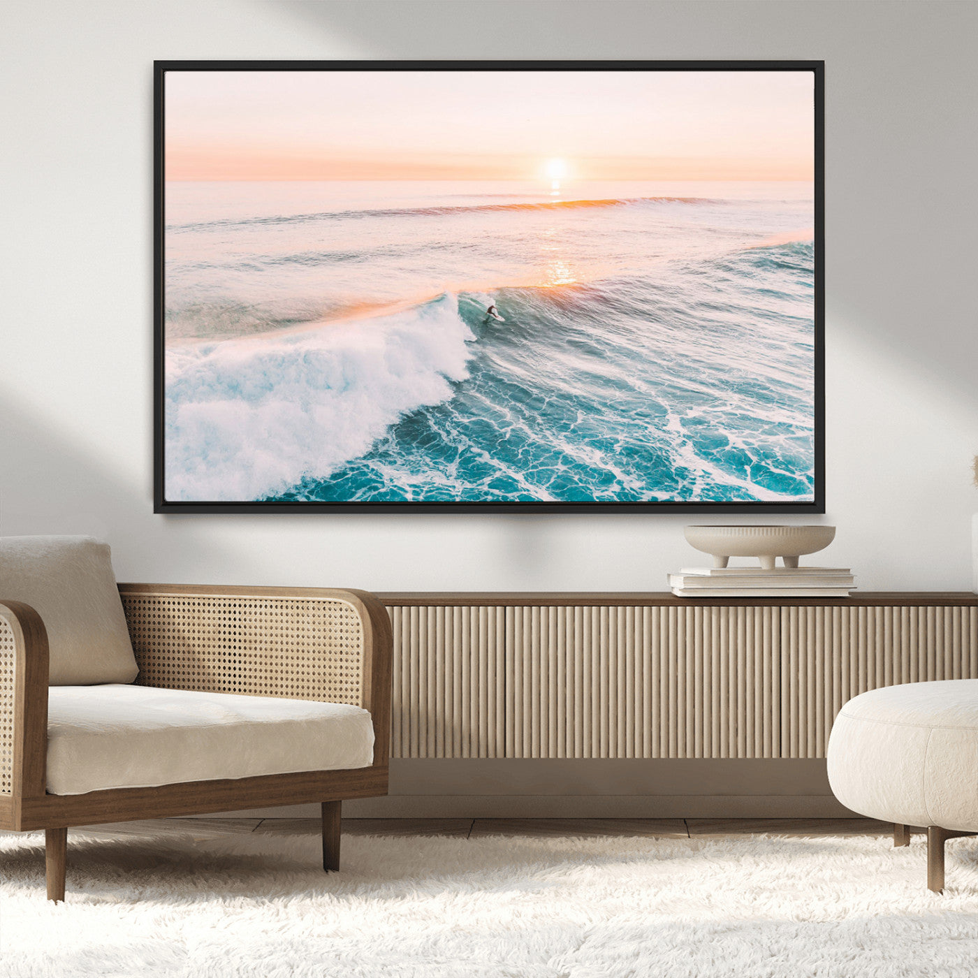 34064591-MGV-FC-36X24_Black-Surfing Wall Art – Sunset Ocean Wave Canvas Print, Surfer Riding Sea Photography Decor for Bedroom, Living Room, Office, Coastal