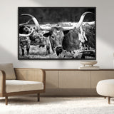 15425553-MGV-CV-36X24-Western Wall Art – Longhorn Cattle Black and White Canvas Print, Rustic Ranch Photography Decor for Bedroom, Living Room, Office,