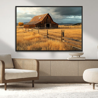 16480179-MGV-CV-36X24-Farmhouse Wall Art – Rustic Barn and Golden Field Canvas Print, Country Landscape Photography Decor for Bedroom, Living Room,