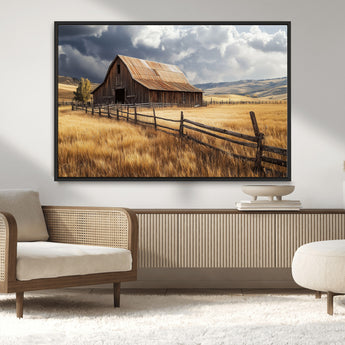 23718739-MGV-CV-36X24-Farmhouse Wall Art – Rustic Barn and Golden Wheat Field Canvas Print, Country Landscape Photography Decor for Bedroom, Living