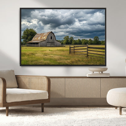 39409517-MGV-CV-36X24-Rustic Barn Wall Art – Weathered Farmhouse and Storm Clouds Canvas Print, Country Landscape Photography Decor for Bedroom, Living