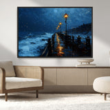 48300530-MGV-CV-36X24-Night Pier Wall Art – Moody Ocean Boardwalk Canvas Print, Impressionist Coastal Seascape Painting Decor for Living Room, Office,