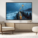 93793246-MGV-CV-36X24-Stormy Night Pier Canvas Wall Art – Moody Ocean Landscape with Lights, Blue Coastal Seascape Print for Bedroom, Living Room,