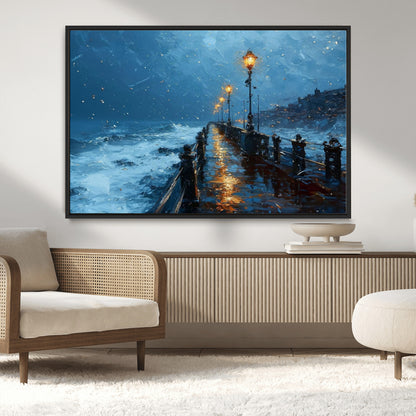 93793246-MGV-CV-36X24-Stormy Night Pier Canvas Wall Art – Moody Ocean Landscape with Lights, Blue Coastal Seascape Print for Bedroom, Living Room,